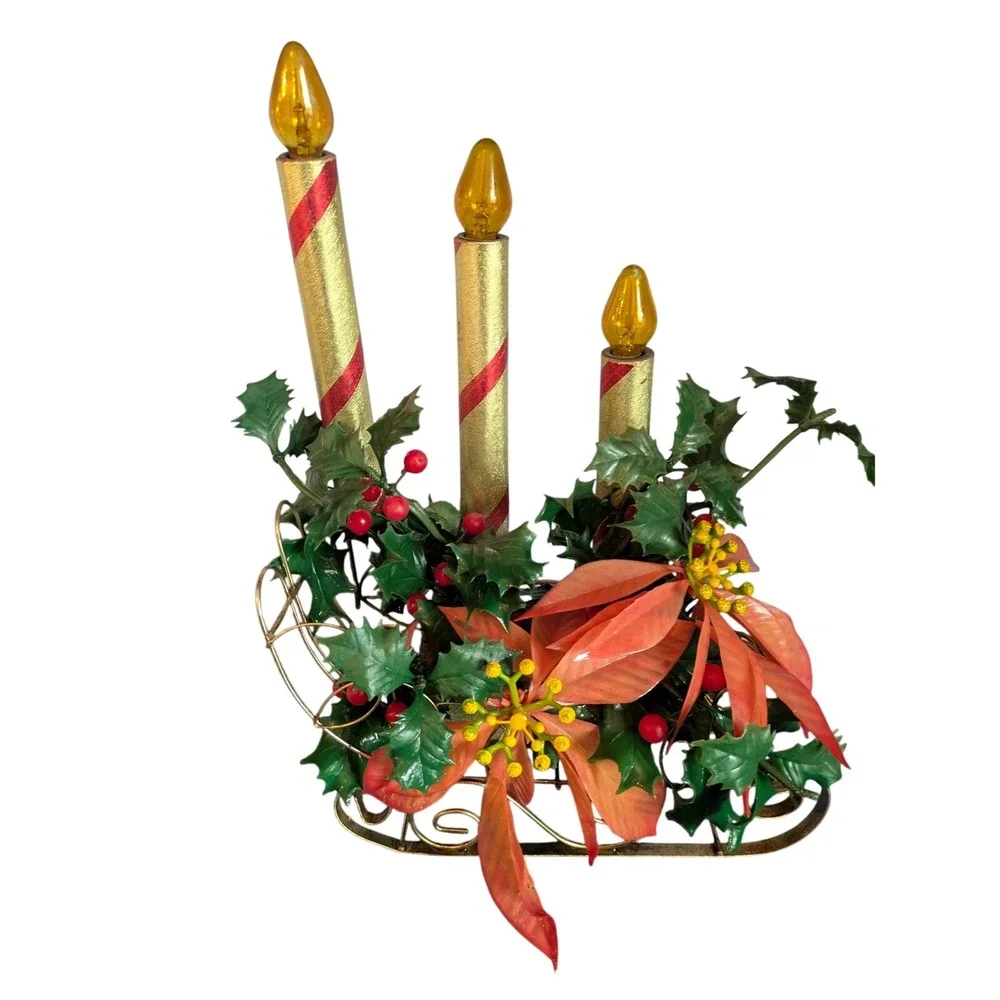 Vintage Lighted Sleigh Christmas Candle Display Holly‎ Poinsettia MCM 13x9x4.5